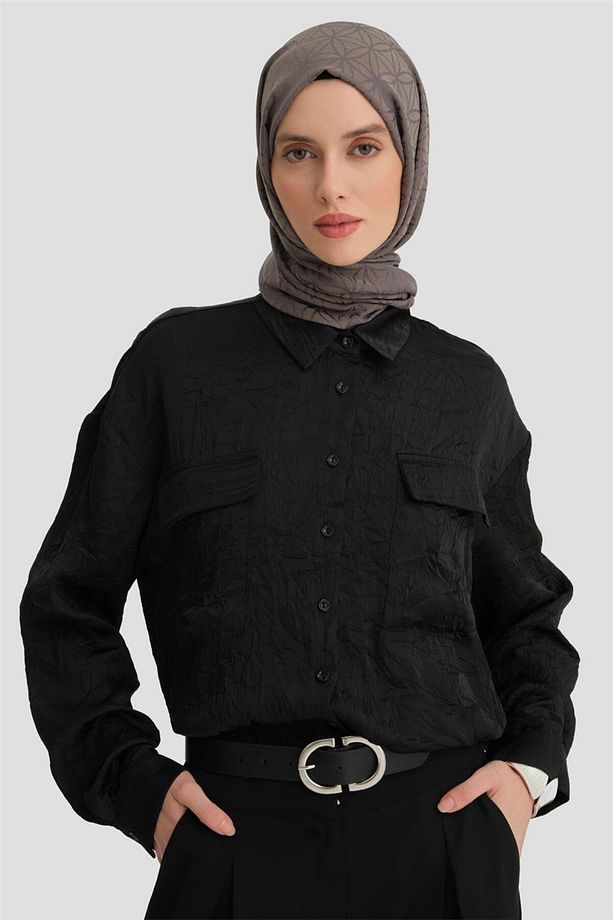 Cep Kapaklı Oversize Gömlek Ort3634 Siyah - 3