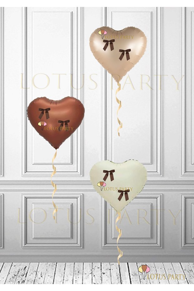 Brown Heart Foil Balloon with Bow - Cream Brown Caramel Color Heart Foil Balloon with Brown Ribbon