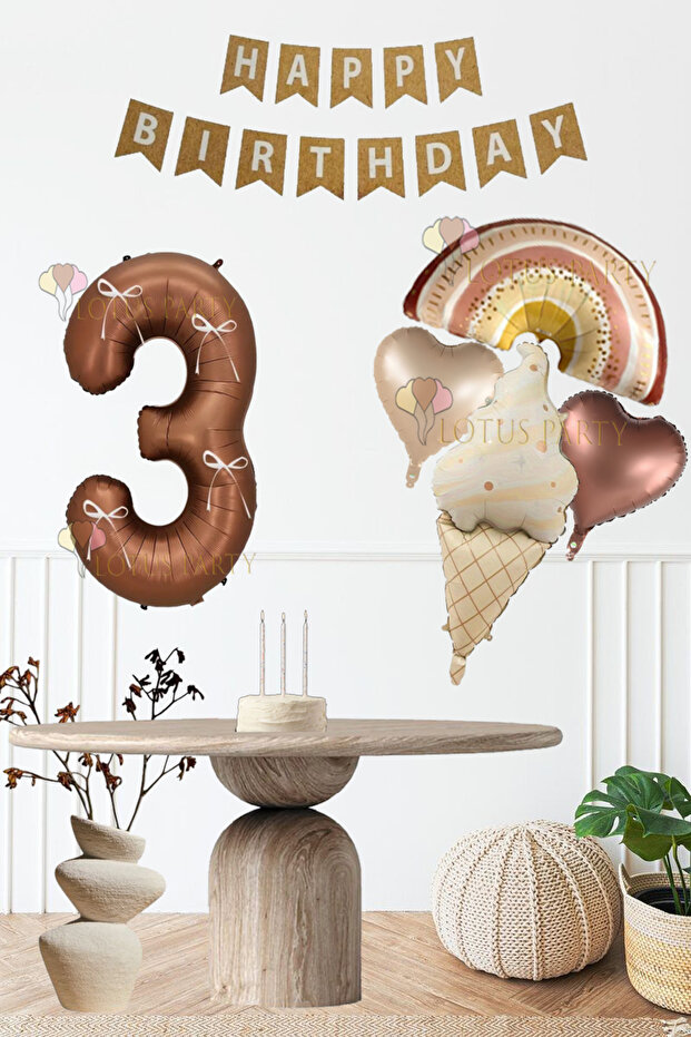 Retro Rainbow Foil Balloon with Retro Ice Cream Heart, Brown Numbers and White Bow for 1 Year Old