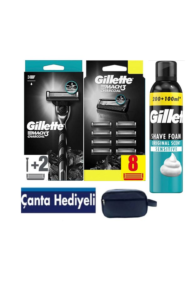 Mach3 Charcoal Makine + 10 adet Yedek Tıraş Bıçağı +300 ML köpük + Çanta - 1