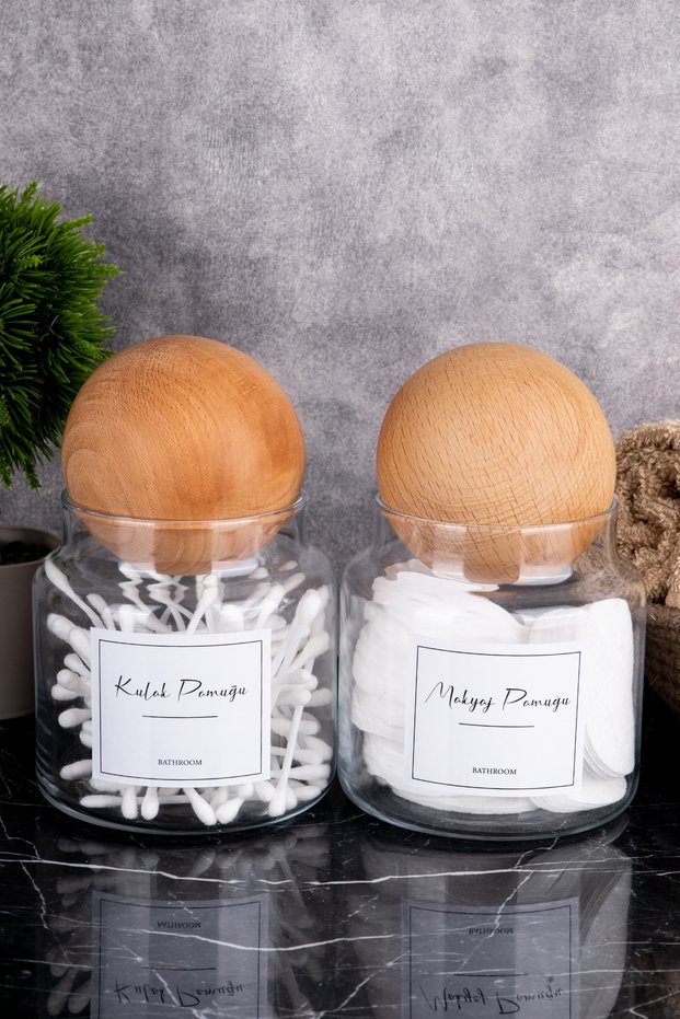2-Piece Wooden Ball Lid Cotton Bud and Makeup Cotton Organizer Set Storage Container Glass Jar Set