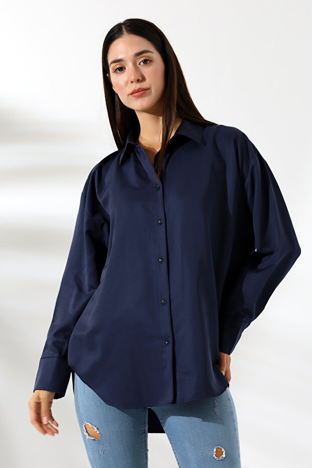 Oversize Micro Satin Draped Navy Blue Women's Shirt