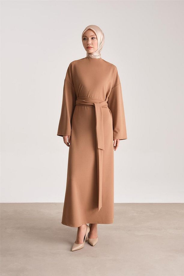 Örme Beli Çift Bağlamalı Elbise Ort9727 Camel - 3