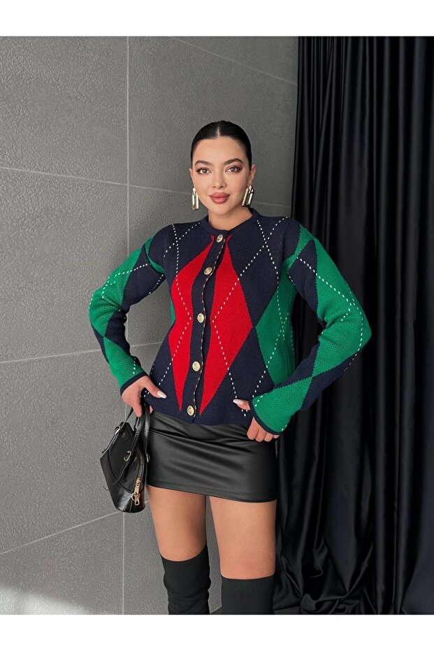 Women's Diamond Patterned Buttoned Knitwear Cardigan