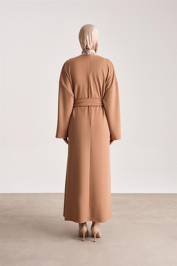 Örme Beli Çift Bağlamalı Elbise Ort9727 Camel - 5