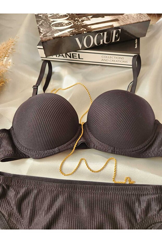 مجموعة حمالة صدر سوداء مدعمة بنمط مضلع أساسي - 6