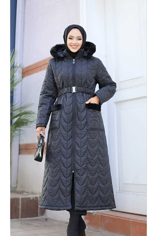 Women's Zippered Pocketed Belted Quilted Puffer Coat