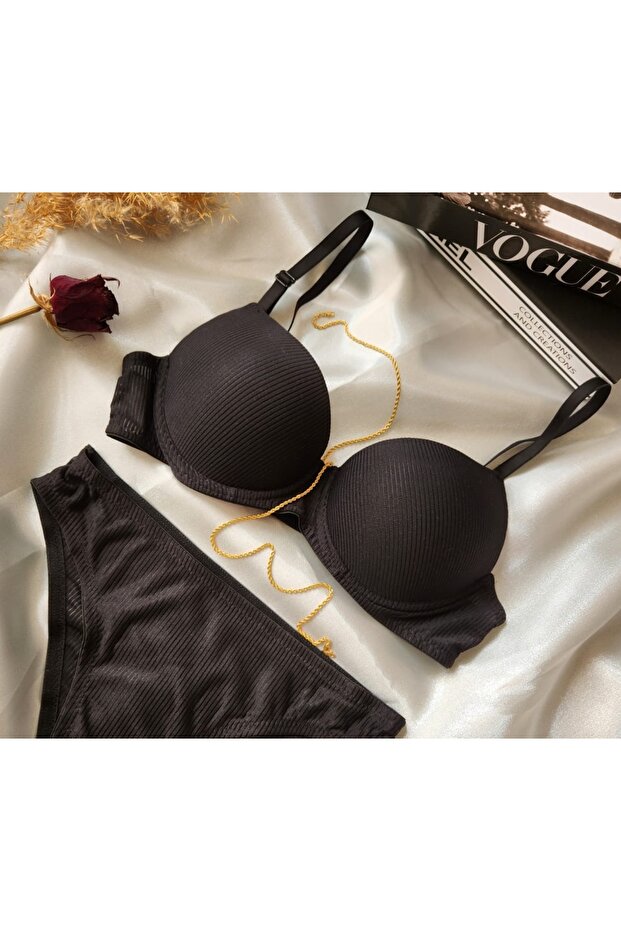 مجموعة حمالة صدر سوداء مدعمة بنمط مضلع أساسي - 1