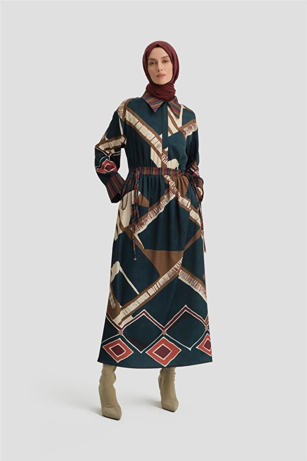 Petrol Color Geometric Print Dress - 24K9911