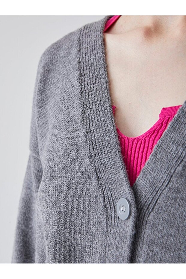 Kontrast Şeritli Triko Antrasit Hırka - 5