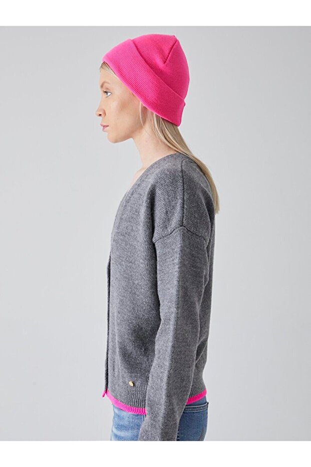 Kontrast Şeritli Triko Antrasit Hırka - 4