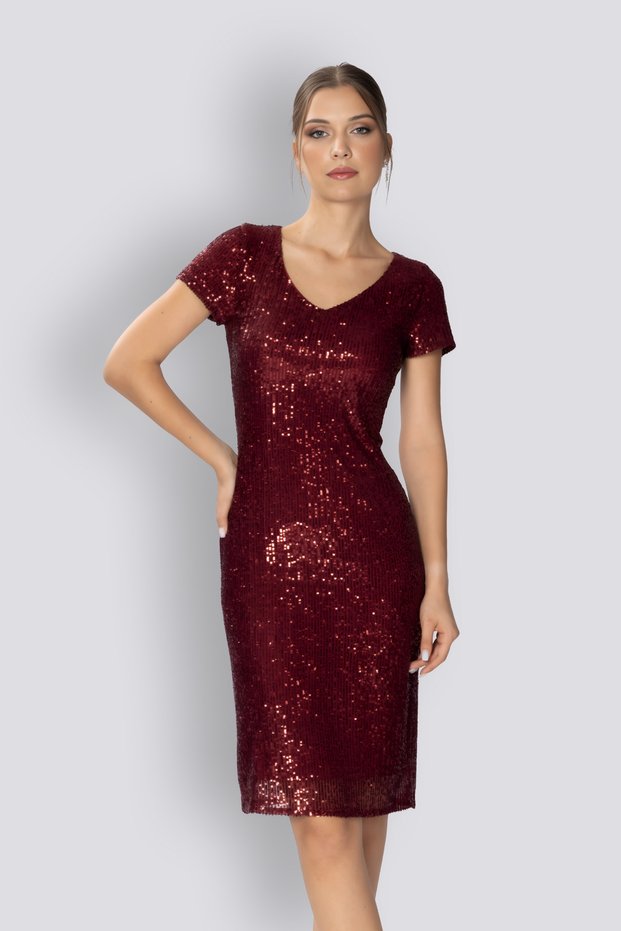 Give Me Money. | Sequined Short Sleeve Knee Length Pencil Evening Dress - Burgundy
