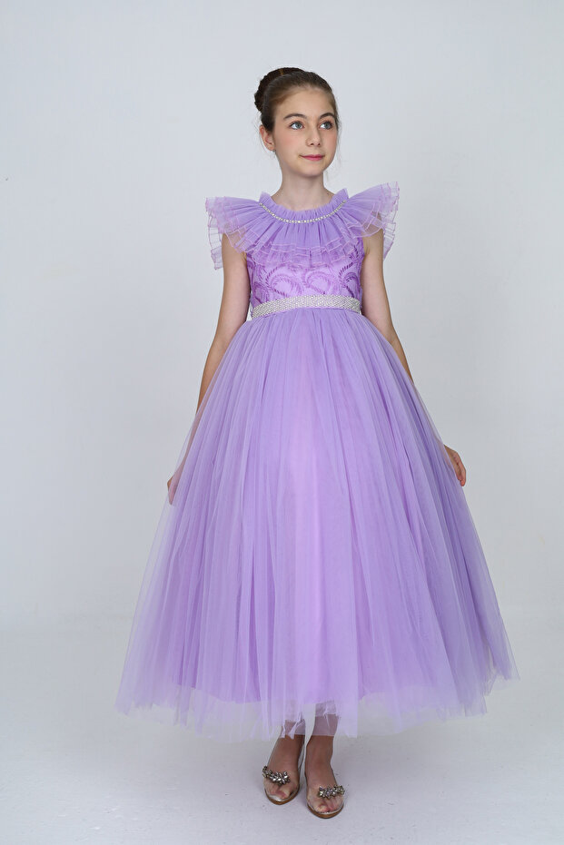 Children's Tulle and Guipure Patterned Evening Dress Graduation Wedding Outfit 11 Years-12 Years-13 Years-14 Years