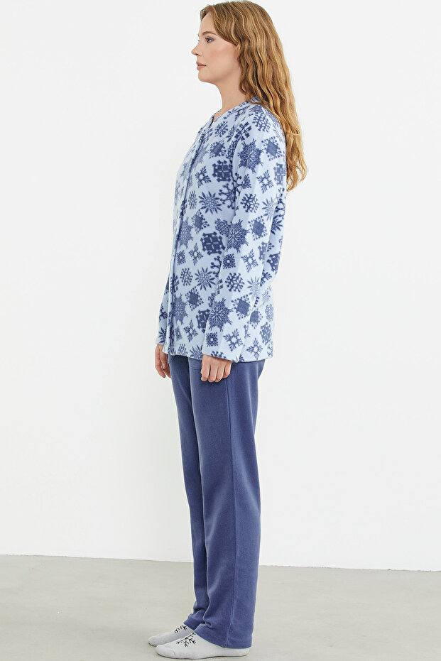 Patterned Front Buttoned Fleece Pajama Set - Blue - 4