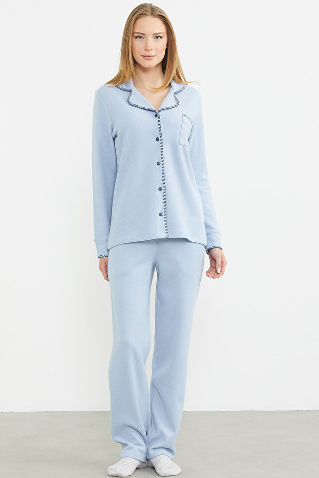 Buttoned Shirt Model Pajama Set - Blue