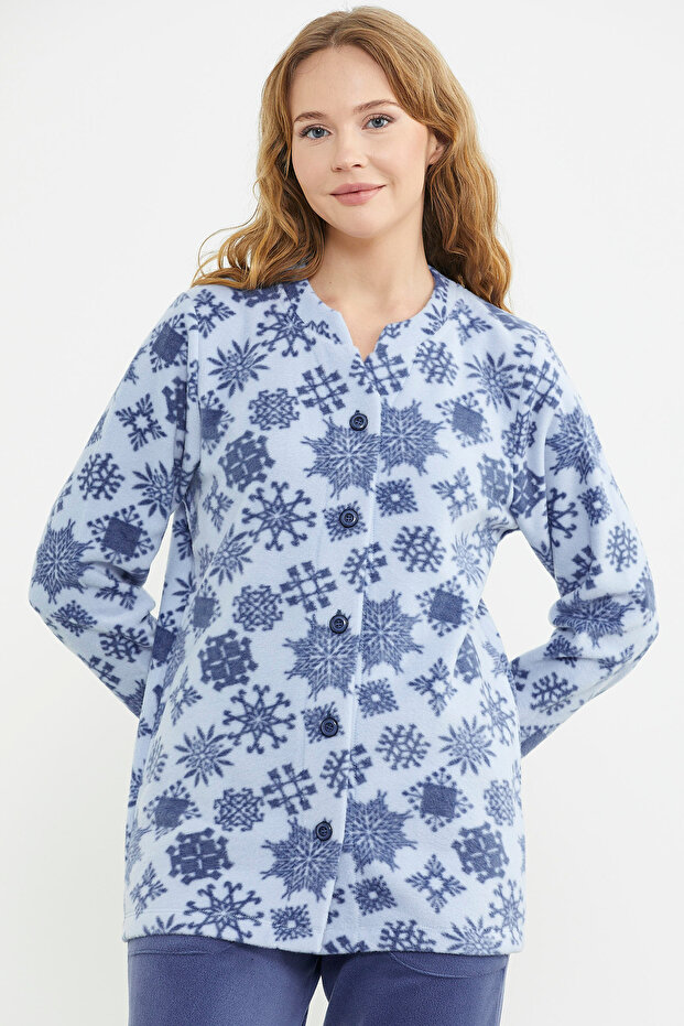 Patterned Front Buttoned Fleece Pajama Set - Blue - 2