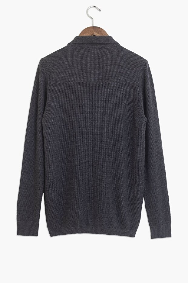 Pamuk-bambu Antrasit Gömlek Yaka Triko Hırka - 6