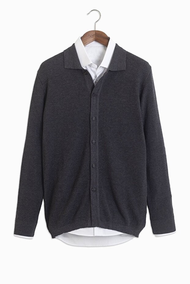 Pamuk-bambu Antrasit Gömlek Yaka Triko Hırka - 7