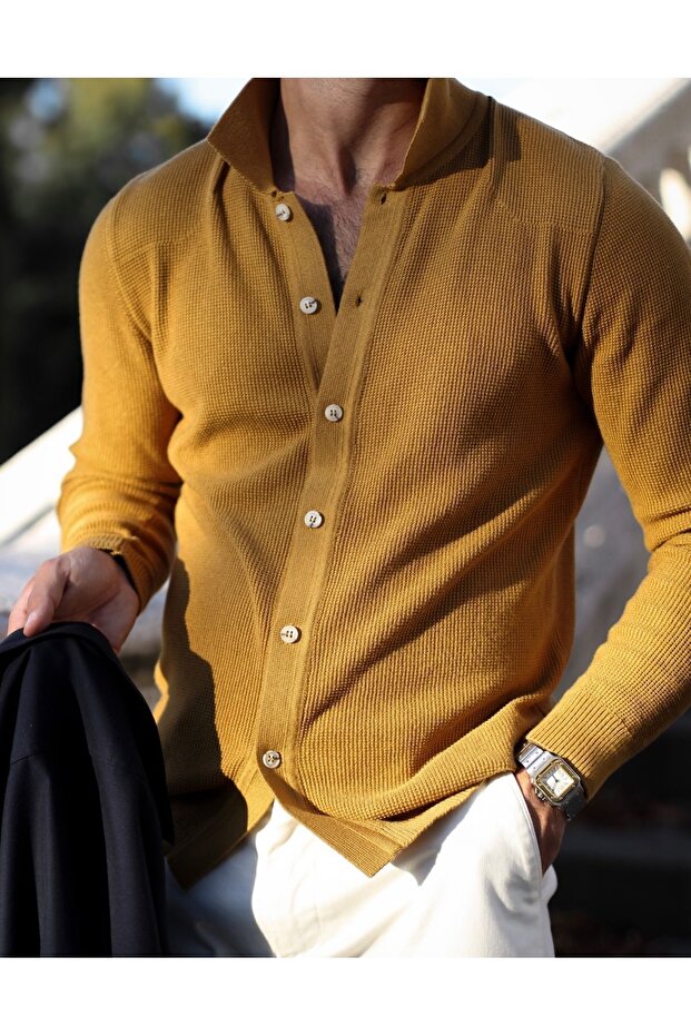 Pamuk-bambu Hardal Gömlek Yaka Triko Hırka - 3