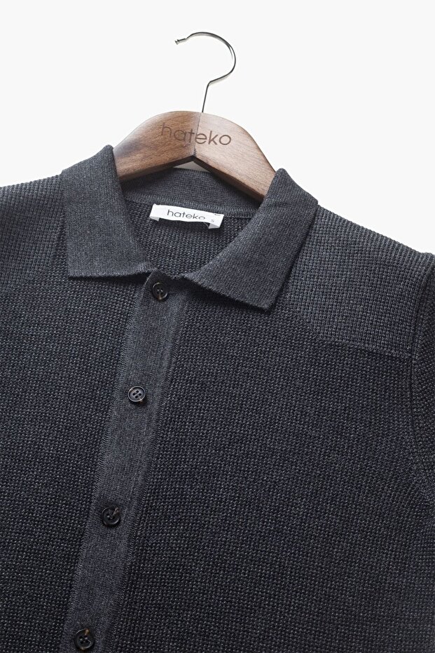 Pamuk-bambu Antrasit Gömlek Yaka Triko Hırka - 8