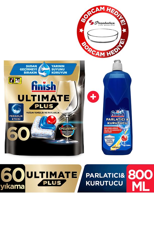 Ultimate Plus Bulaşık Makinesi Deterjanı Kapsül Tablet 60 Adet + Parlatıcı Limon 800 ml+ Borcam - 1