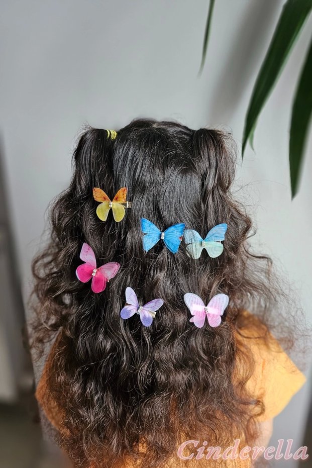 Set of 6 Movable Butterfly Clips Realistic Fabric - Colorful Tulle Wings and Rhinestone Butterfly Hair Clips