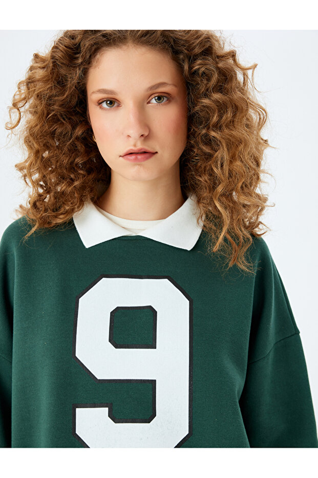 Polo Neck Oversize College Printed Sweatshirt