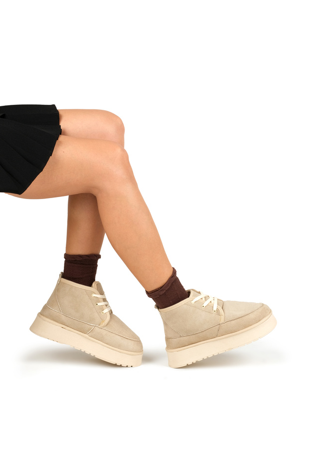 Women's Mini Suede Sheepskin Thick Sole Lace up Boots