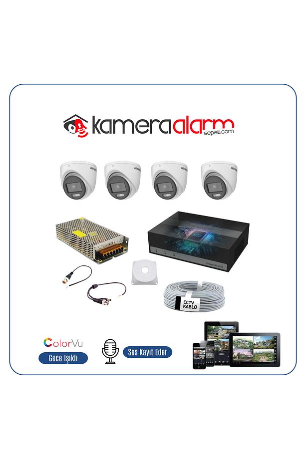4 Kameralı Gece Renkli Mikrofonlu 2 MP Güvenlik Kamerası Full Hazır Set - İç Ortam - 1