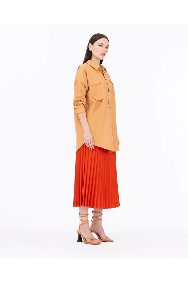 Pliseli Elastik Bel Etek - Mercan - 2