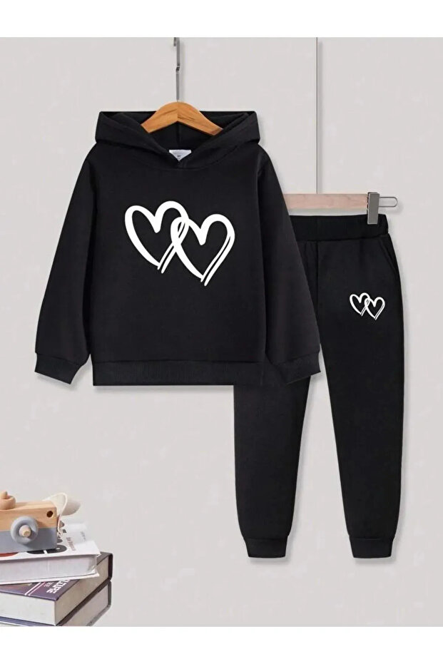 Girl's Black Heart Printed Tracksuit Set