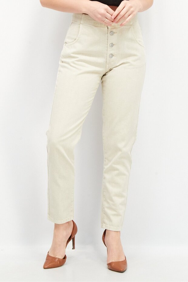 Women Mom Fit Plain Stretchable Jeans, Beige