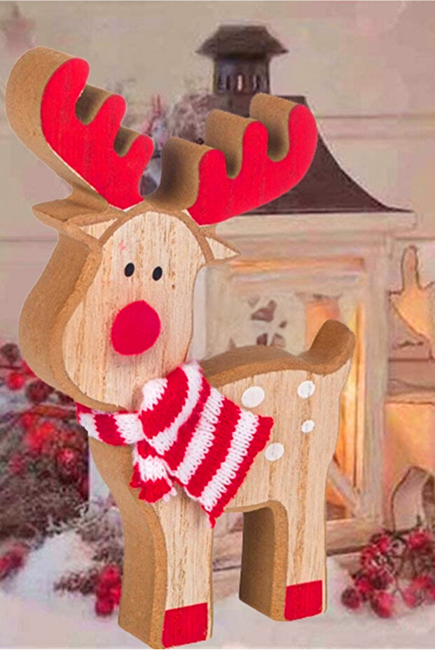 Christmas Ornament Decorative Wooden Deer Figurine with Scarf