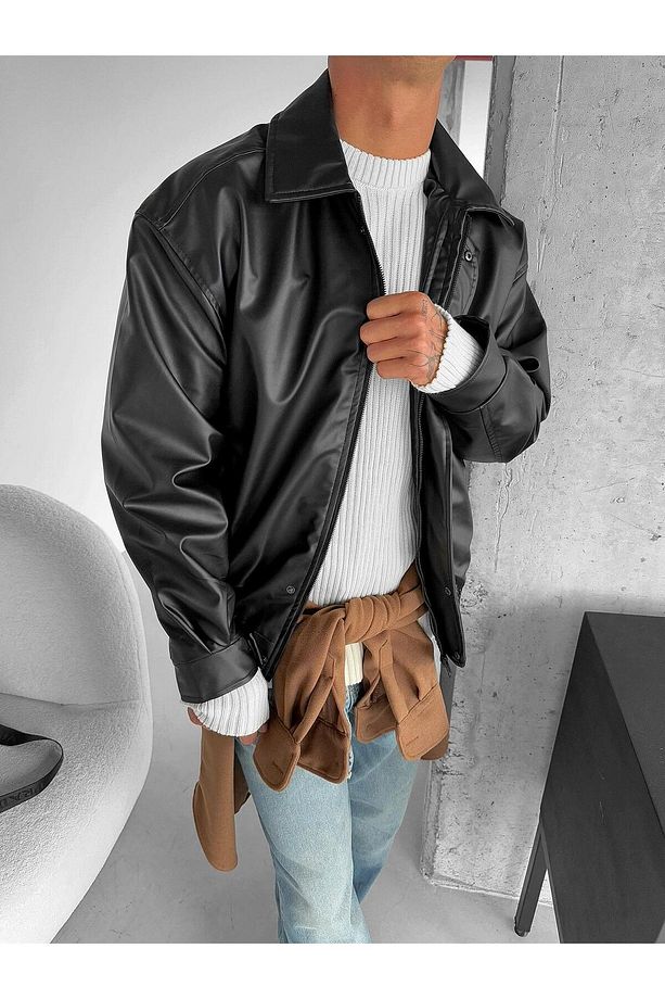 Erkek Oversize Basic Deri Ceket Siyah - 4