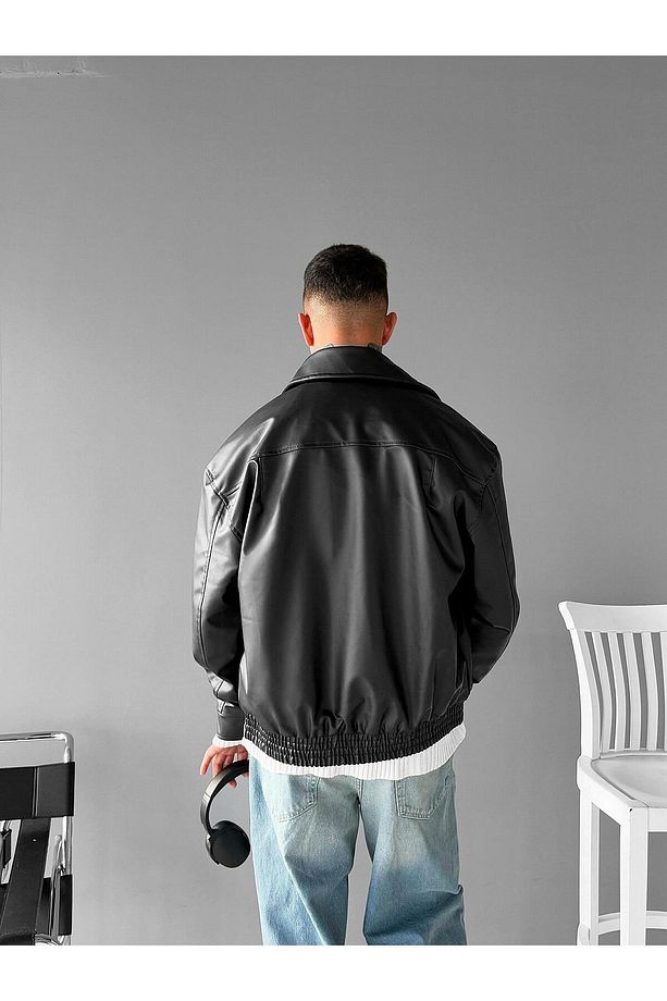 Erkek Oversize Basic Deri Ceket Siyah - 6