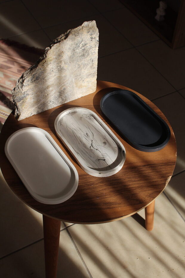 Vıvasto Dekoratif 3'lü Sunumluk Set, Dekoratif Takı Tabağı,Saksılık,Tütsülük,Mumluk  (100%) Taş Tozu - 2