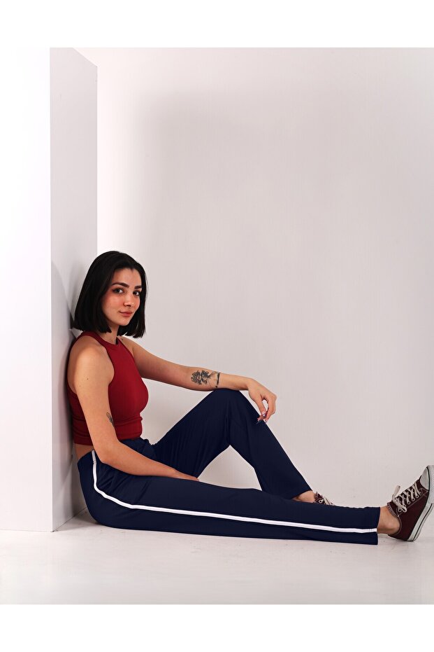 Women's Navy Blue Side Striped Sweatpants (With Large Size Option)