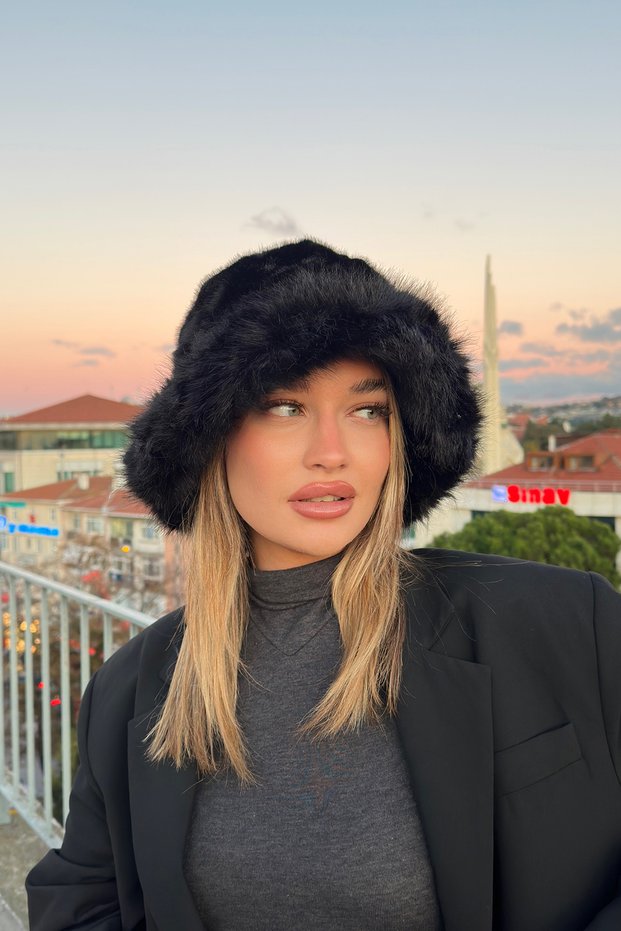 Luxury Women's Black Plush Bucket - Faux Fur, Russian Slavic Style