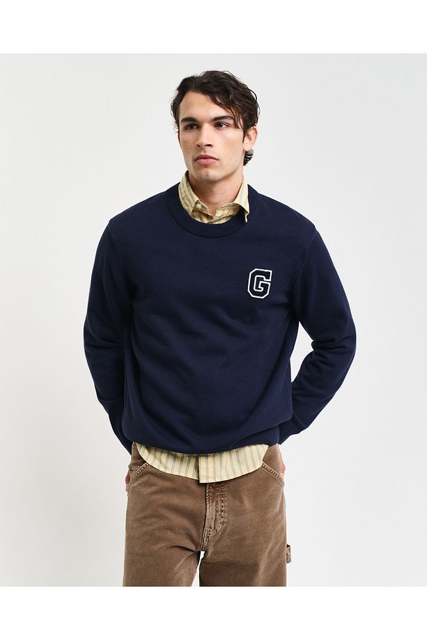 Erkek Lacivert Relaxed Fit Bisiklet Yaka Logolu Kazak - 1