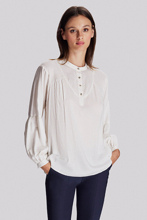 Drawstring Detailed Half Placket Blouse - 3