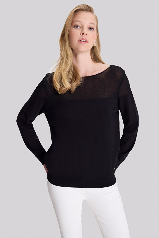 Transparan Detaylı Triko Bluz - 1