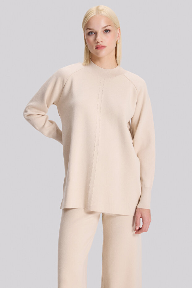 Dik Yakalı Yırtmaçlı Triko Bluz - 3