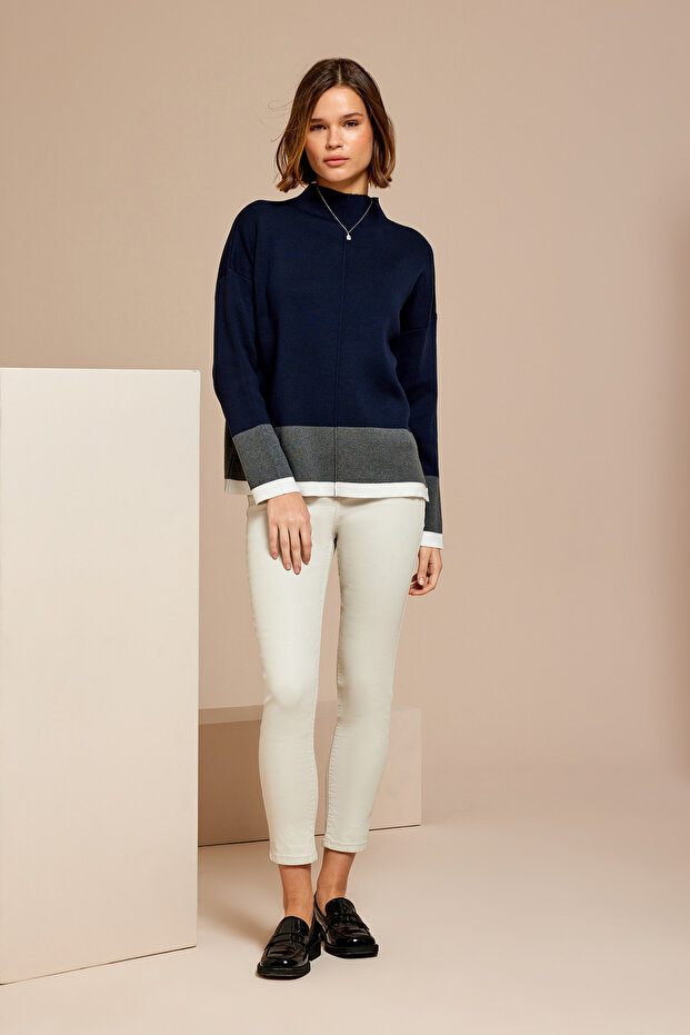 Kontrast Dik Yaka Triko Kazak - 3