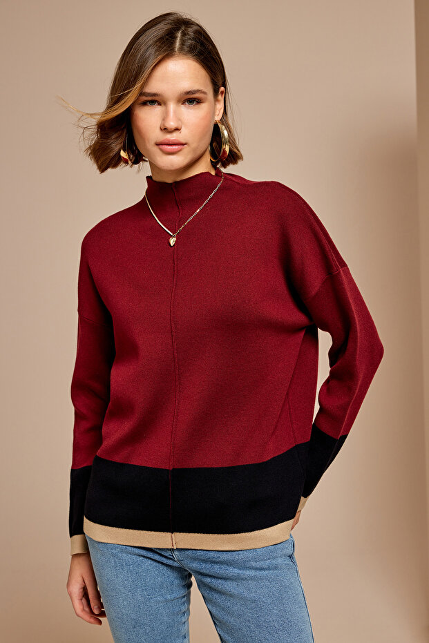 Kontrast Dik Yaka Triko Kazak - 3