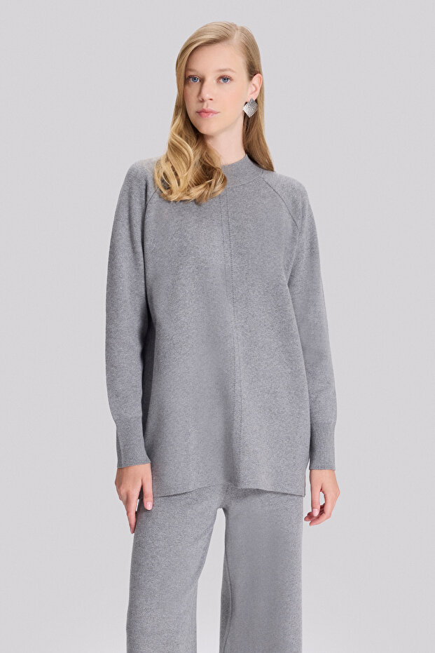 Dik Yakalı Yırtmaçlı Triko Bluz - 3