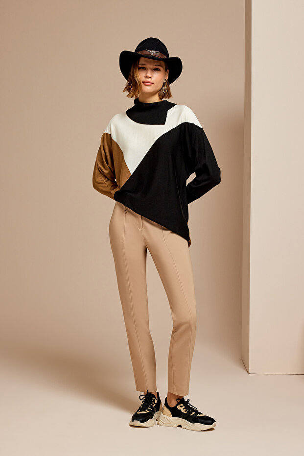 Color Block Yaka Detaylı Triko Bluz - 2