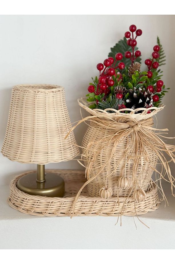 Rattan Vazo & Yapay Kırmızı Kokina Seti Yılbaşı Konsept - 4