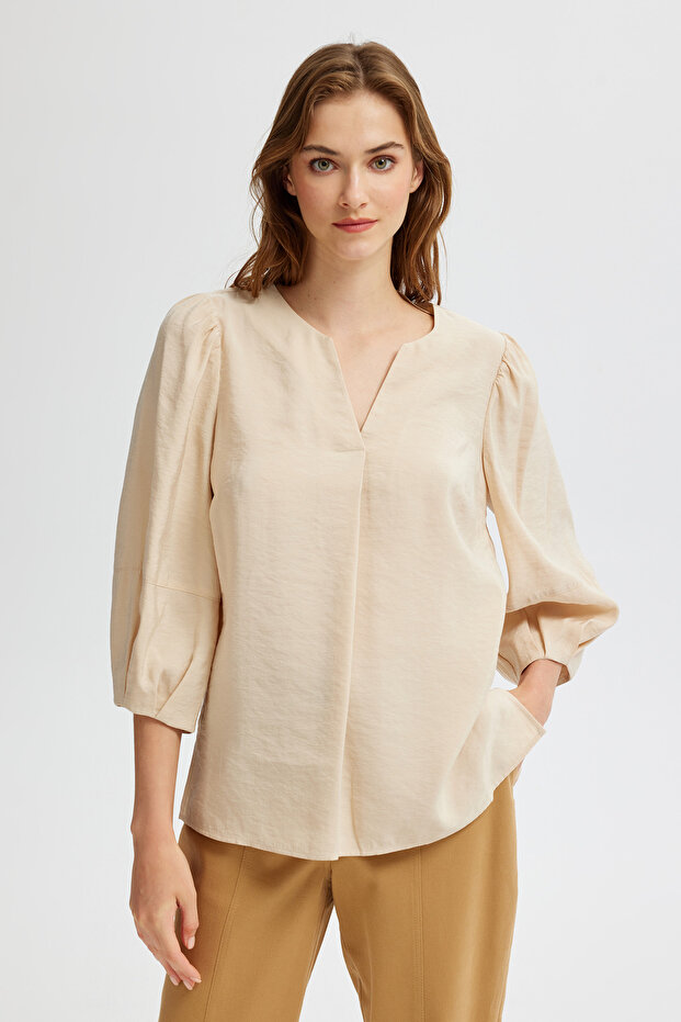 Geniş Kollu V Yaka Bluz - 1