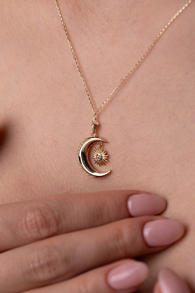 14 Ayar Altın Ay Güneş Kolye - 1