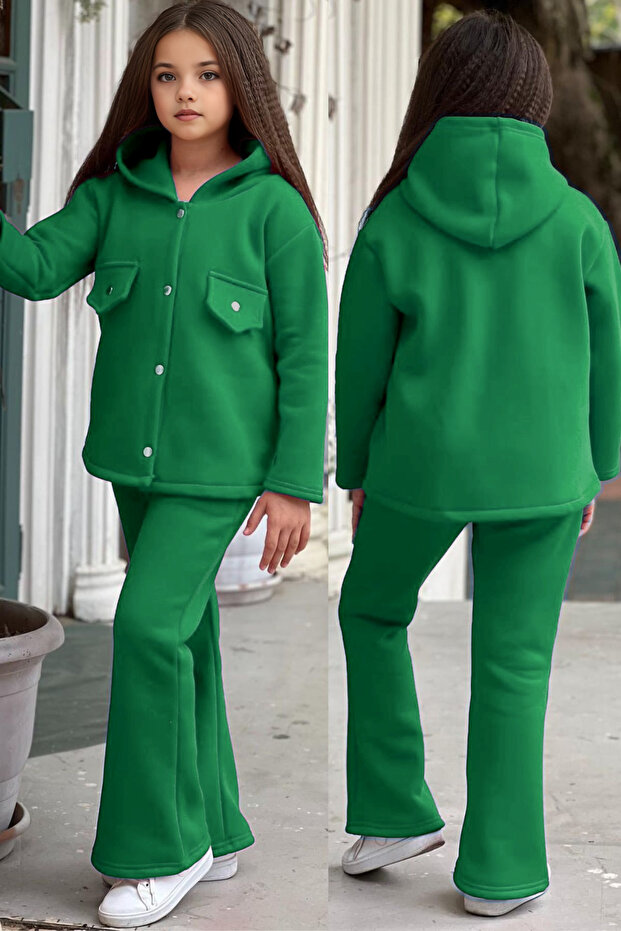 3 Yarn Fleece Tracksuit Set for Girl - Loose Leg with Snaps